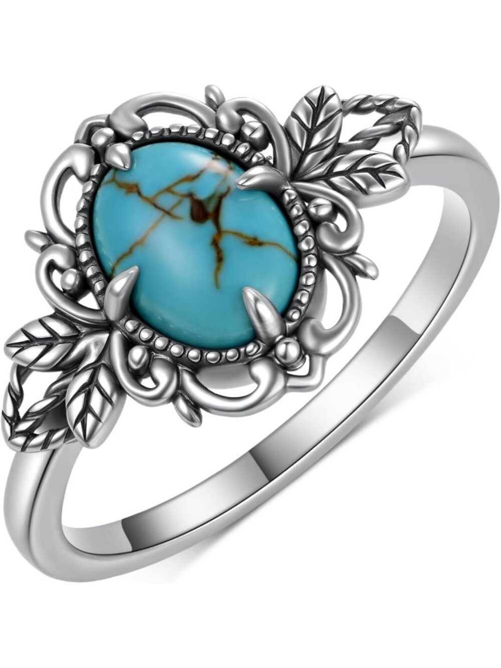 Turquoise Leaf Ring for Women - 925 Sterling Silver Vintage Boho Gemstone